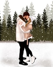 lovers boy and girl kiss in the winter forest.  love forever