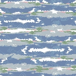 seamless illustration of landscape with stylized mountains, waterfalls, winds and clouds in asian style. vector pattern in shades of cream, blue, pink and grey. designed for scrapbooking, wallpaper, g
