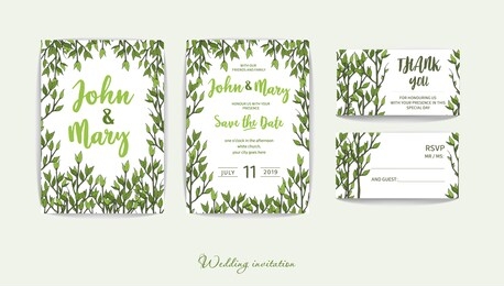double wedding invitation with greenery in rustic style. lightweight design. green twigs on white background for your holiday. romantic set for the event.