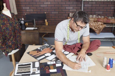mature male fashion designer working on sketch in design studio