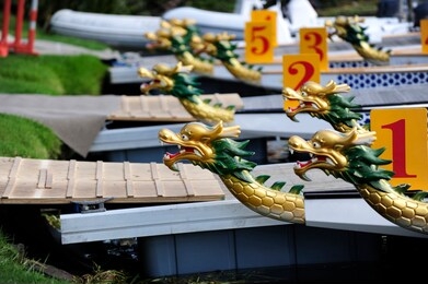 close up of dragon heads from a lot of dragon boat
