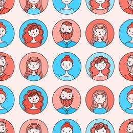 flat doodle characters in round icons. vector seamless pattern. happy people. work team