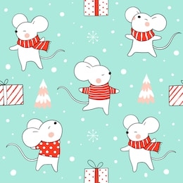 draw seamless pattern background rat in snow for christmas and new year on green pastel.doodle cartoon style.