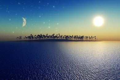 sun and moon behind island with coconut palms. elements of this image furnished by nasa