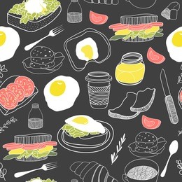 food seamless pattern. hand drawn vector theme. good for backgrounds, fabric, kitchen and cafe stuff