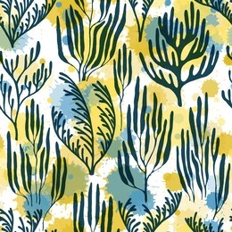 coral polyps seamless pattern. paint splashes drops watercolor background. marine water plants wallpaper vector graphics. abstract great barrier reef corals background. ocean bottom summer pattern.