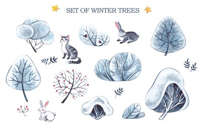 snowy bushes, watercolor illustration. bushes and winter trees on a white background.