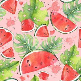 exotic summer watercolor seamless pattern with tropical leaves, slices of watermelon pattern, natural illustration on pink background
