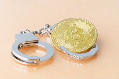 bitcoin and handcuffs. the concept of a violation of the law, cybercrime, financial fraud. concept of violation of the law in the crypto-currency sphere or hacker attack. 