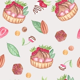 watercolor seamless pattern with  chocolate cakes, fruits. tasty and sweet hand painted dessert recommended for scrap, wallpaper, fabric of clothing, towels