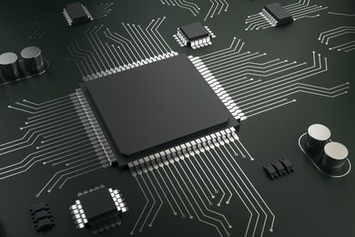 creative blank circuit chip on dark background. hardware and engineering concept. mock up, 3d rendering 