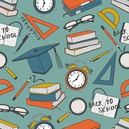school supplies, colorful seamless pattern