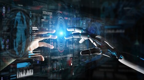robot hand and human hand touching digital graph interface on dark background 3d rendering