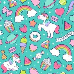 cute unicorns, desserts and girl's elements seamless pattern background.