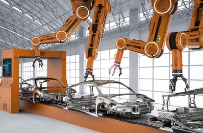 automation aumobile factory concept with 3d rendering robot assembly line in car factory