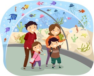 illustration of stickman family visiting an oceanarium