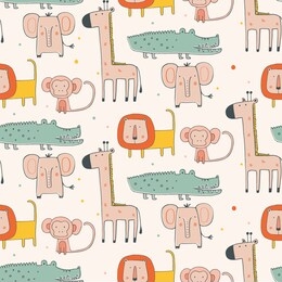 cute animal seamless pattern. hand drawn vector illustration. giraffe,elephant,crocodile,monkey.
