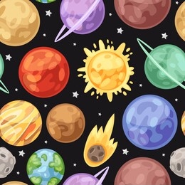 space universe planets seamless vector pattern on dark background. space, stars, planets. sun, earth, upiter with saturn, mars, uranus and venus