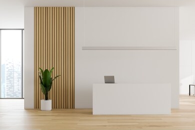 interior of stylish office with white and wooden walls, wooden floor and simple white reception desk with laptop computer on it. consulting company concept. 3d rendering