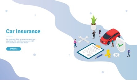 car insurance concept with car and contract paper with team people for website template or landing homepage and modern isometric flat style - vector