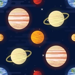 space print. seamless vector pattern. different colored planets of the solar system and stars on a dark night sky background. universe, outer space flat design illustration