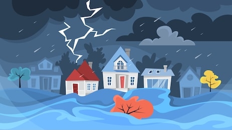 flood disaster concept. storm in the city, natural disaster. water on the street, heavy rain. building in town underwater. vector illustration in cartoon style