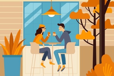 vector illustration in flat simple style -  autumn illustration - happy couple drinking coffee - cartoon characters in coffee house