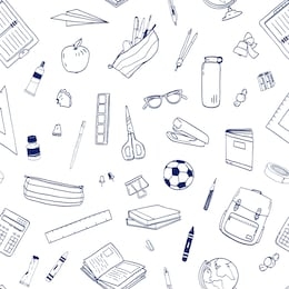 seamless pattern with school supplies or stationery, items for learning and education hand drawn with contour lines on white background. monochrome illustration for fabric print, wallpaper.