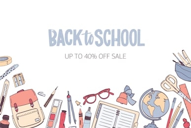 horizontal banner template for back to school seasonal sale with stylish lettering handwritten with cursive font and decorated by stationery at bottom edge. illustration for advertisement