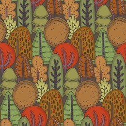 vector seamless pattern with hand drawn forest autumn trees. colorful endless background for textile, wrapping paper, cards, invitations, preschool and children room decoration