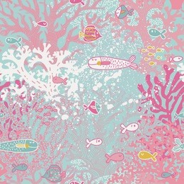 cute seamless pattern with small fishes and corals. vector background with pink coral reef, diving illustration.