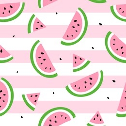 watermelon seamless pattern. vector illustration. watermelon slices on pink and white stripes background
