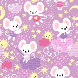 vector seamless pattern with a cute little mouse who sits on the clouds. pattern with animal in cartoon style.