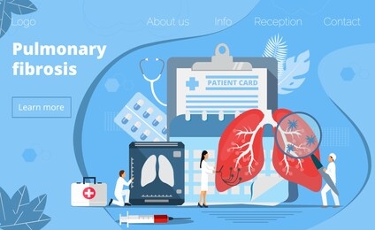 concept of pulmonary fibrosis, tuberculosis, pneumonia, lung diagnosis x-ray machine, tiny doctors treat, scan lungs, it is landing page, website, app, banner.