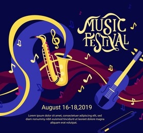 vector banner for music festival. hand lettering. jazz concert invitation, greeting card, party  layout template. performance advertising brochure. saxophone, violin, trumpet flat style. 