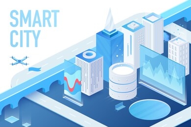 isometric model of modern smart city with data centers, servers and matrix crypto blockchain buildings vector illustration.
