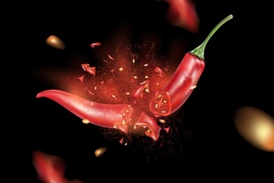 red chili pepper with chili splashing elements ads isolated on black background, vector realistic in 3d illustration.