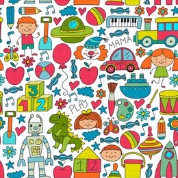 kindergarten preschool school children. kids drawing style vector pattern. play grow learn together.