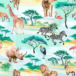 seamless pattern watercolor african animals and birds. illustration giraffe, elephant, zebra, rhinoceros, flamingo, leopard.
