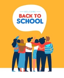 welcome back to school card illustration of diverse teen student group hugging together. highschool teenager classmate concept or young college students.