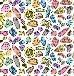 various hand drawn food cookery dishes doodle outline colorful sketch seamless pattern on white background. vector drawing cooking art illustration