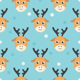 cute seamless pattern with cartoon baby deer and snow for kids. animal on blue background. vector illustration. 