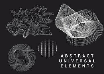 collection of universal geometric shapes and elements on dark background. set of vector cyberpunk/ vaporwave style glitched patterns, logotypes, icons.