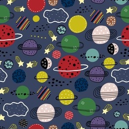 childish seamless pattern with stars, planets and hand drawn shapes. great for fabric, textile vector illustration