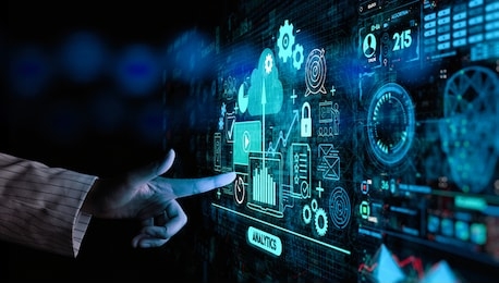 hand touching business data analytics process management with kpi financial charts and graph and automated marketing dashboard.