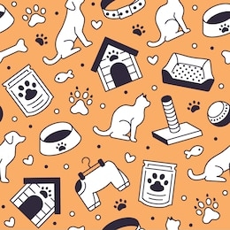pet shop vector seamless pattern with flat line icons of dog house, cat food, food bowl, puppy toys, animal paw. black white orange color background, wallpaper for veterinary clinic.