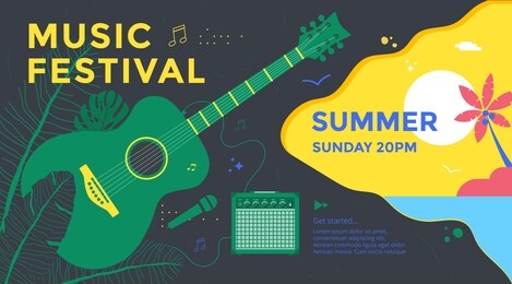 summer music festival poster design with green guitar and tropical leaves. concert banner vector template.