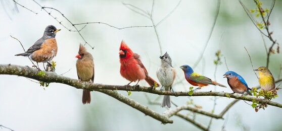 variety of colorful songbirds perched on a branch with overcast skies in background