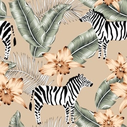 tropical zebra, orchid flowers, banana palm leaves, beige background. vector seamless pattern. jungle illustration. exotic plants, animals. summer floral design. paradise nature