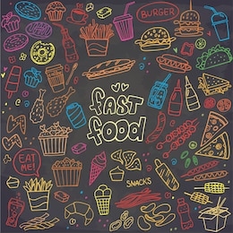 set of colorful fast food doodles on chalkboard. vector illustration. perfect for menu or food package design.